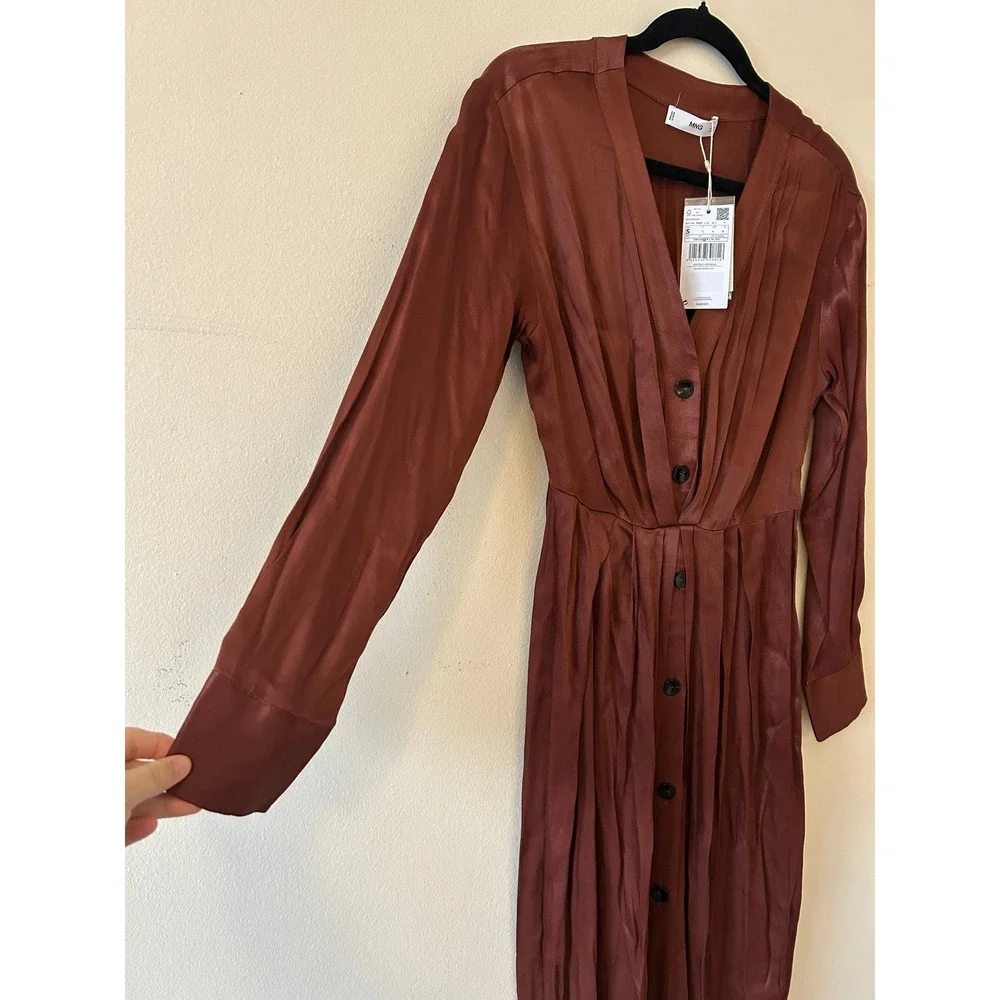 MNG Brown Satin Long Sleeve Button Front Midi Shirt Dress Size S - Picture 8 of 11